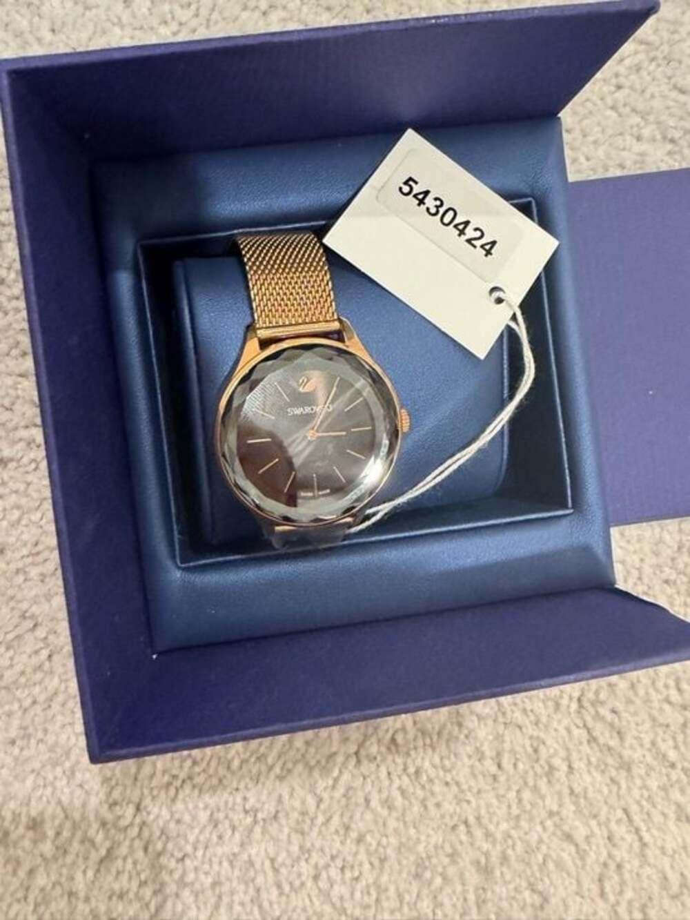 Swarovski Rose Gold Mesh Watch with Black Dial